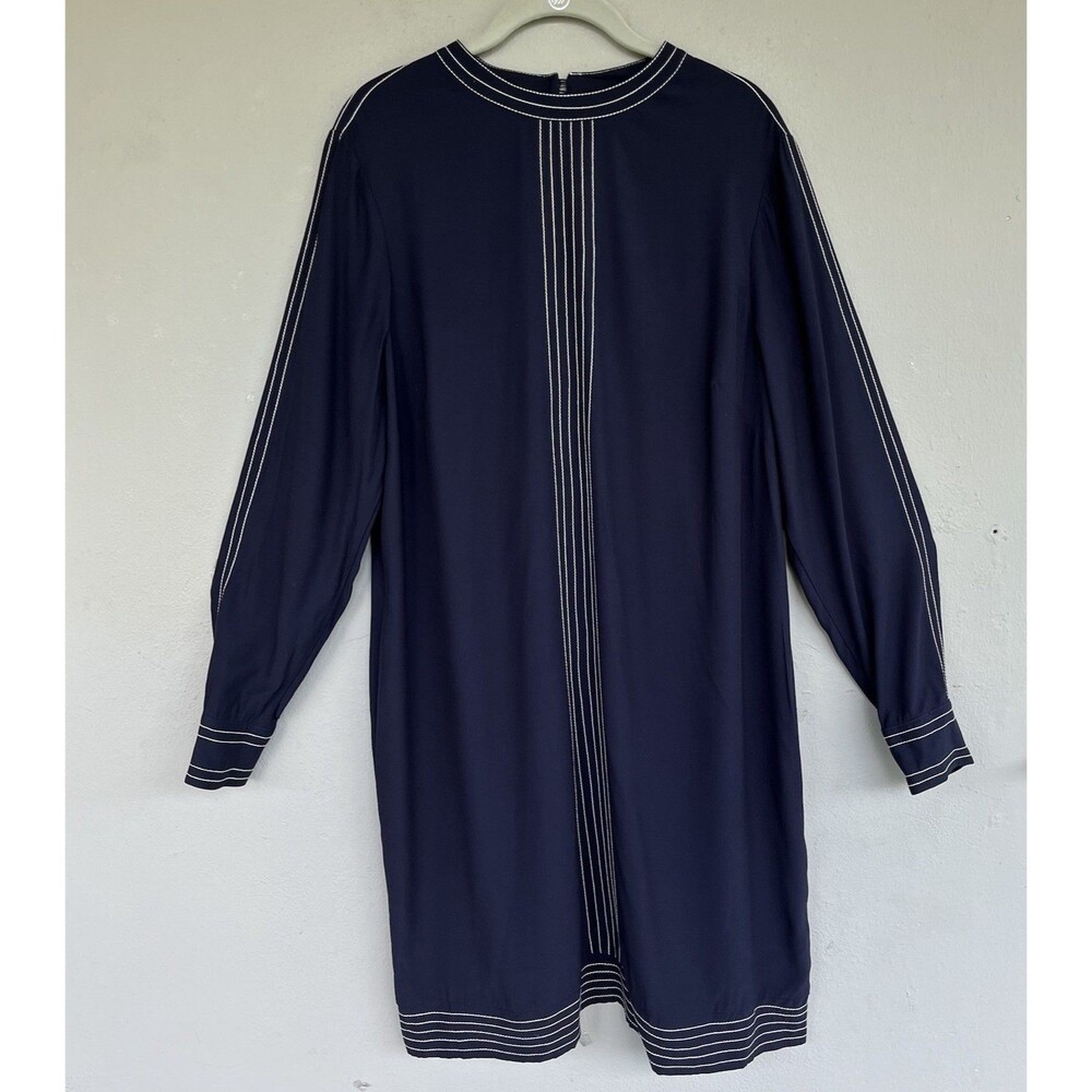 Boden Shift Dress Womens Navy Miriam Long Sleeve Draped High Neck Contrast Stich